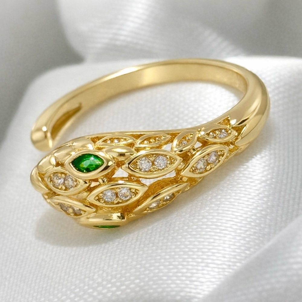 14K Gold Plated Emerald CZ Snake Serpent Adjustable Ring Luxury - Picture 5 of 5